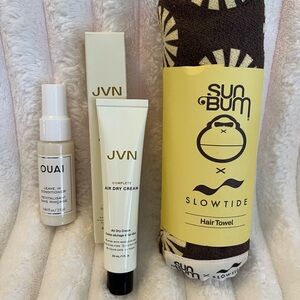 JVN Complete Air Dry Cream, OUAI leave in conditioner with Sun Bum Hair Towel